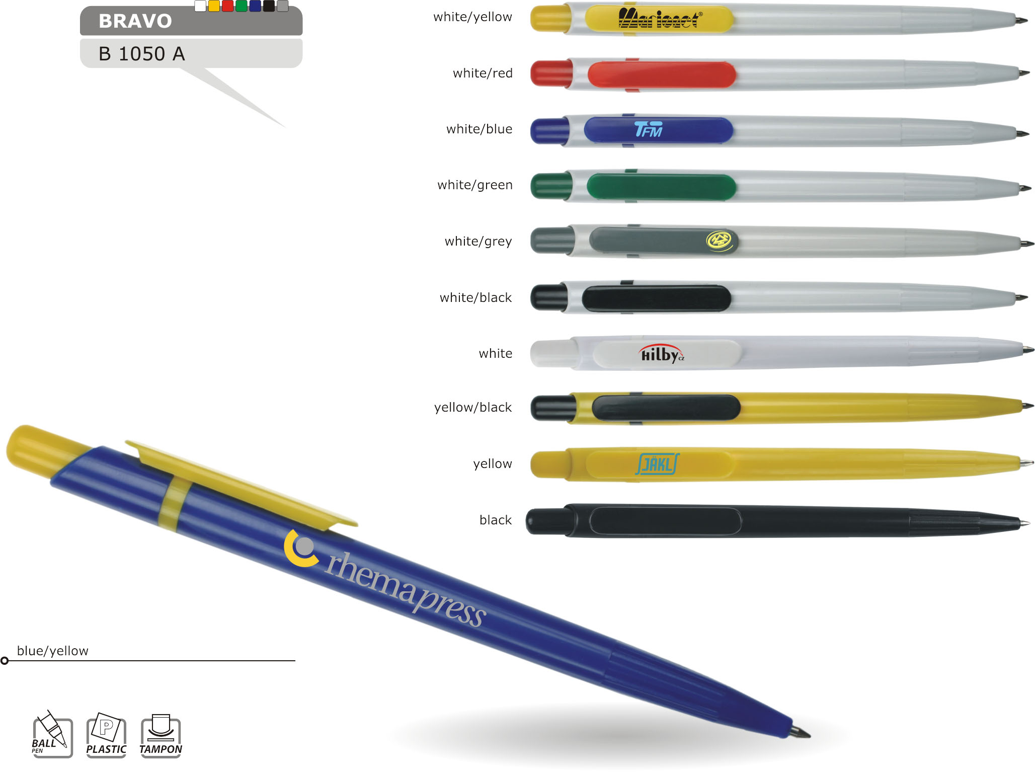 Zestaw długopisów reklamowych z nadrukiem logo różnych firm, widoczne warianty kolorystyczne i oznaczenia modelu Bravo B 1050 A.